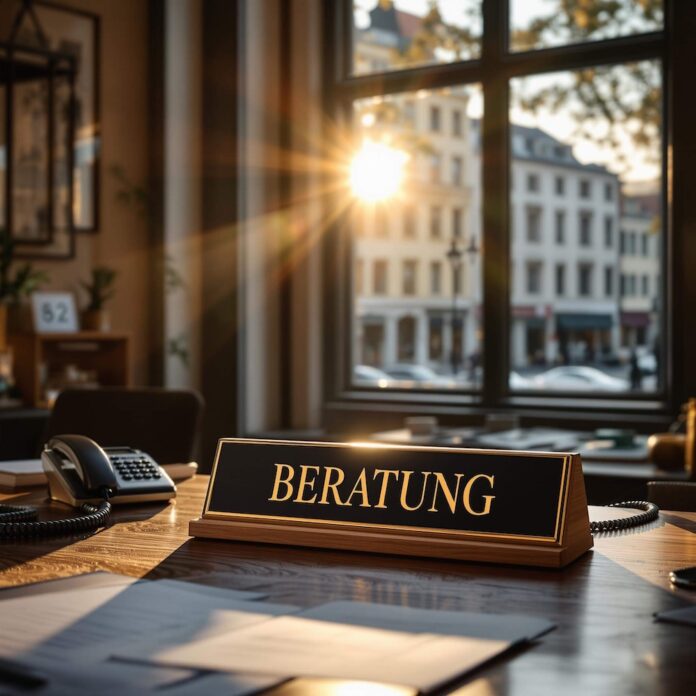 Brucker Blatt - Das Bild zeigt einen Schreibtisch in einem Büro oder Besprechungsraum. Auf dem Tisch steht ein Namensschild mit der Aufschrift 