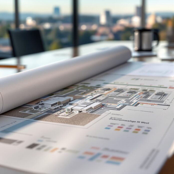 Brucker Blatt - Das Bild zeigt einen Schreibtisch mit einem teilweise ausgerollten Plan, vermutlich eines Bauprojekts. Der Plan ist detailliert und enthält schematische Darstellungen von Gebäuden, Straßen und Grünflächen. Ein Teil des Plans ist noch in einer Rolle aufgerollt. Im Hintergrund, außerhalb des Fokus, sind ein schwarzer Bürostuhl, eine Tasse und eine unscharfe Stadtlandschaft durch ein Fenster zu sehen. Das Licht scheint von links zu kommen und wirft Schatten auf den Plan. Der Text 