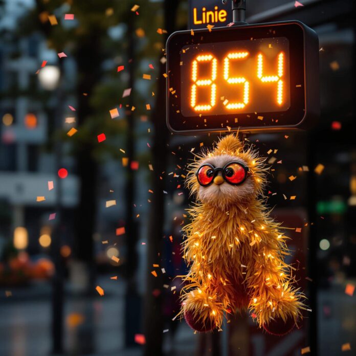 Brucker Blatt - Das Bild zeigt eine fantasievolle Szene in einer städtischen Umgebung bei Nacht. Im Vordergrund hängt ein gelbes, fadenartiges Wesen oder eine Puppe mit großen, runden roten Augen unter einem Fußgängerampelschild. Das Wesen trägt eine schwarze Brille. Das Ampelschild zeigt die leuchtende gelbe Zahl 