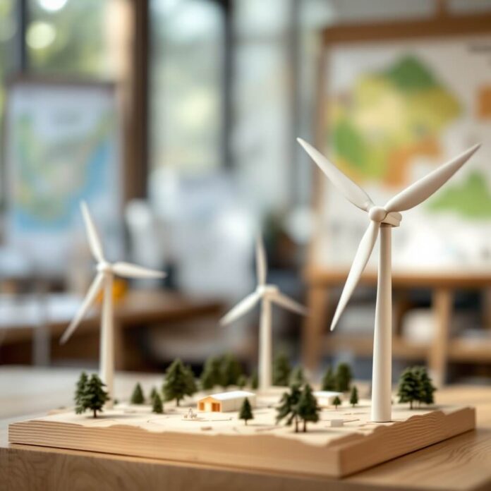 Brucker Blatt - Die Aufnahme zeigt ein Modell, das auf einem Tisch steht. Das Modell zeigt drei Windräder in einer Landschaft mit kleinen Bäumen und einem kleinen Haus. Die Windräder sind weiß und haben drei Rotorblätter. Die Bäume sind grün und in verschiedenen Größen dargestellt. Das Haus ist klein und hat eine hellbraune Farbe. Die Landschaft selbst ist eine flache Holzfläche. Im Hintergrund sind unscharf weitere Tische und Bilder zu erkennen. Die Beleuchtung ist hell und gleichmäßig.