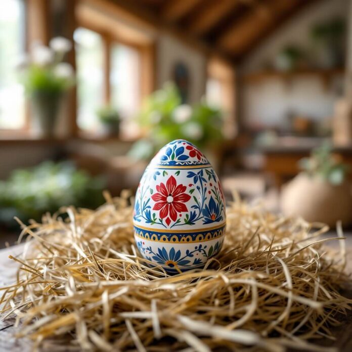 Brucker Blatt - Ein einzelnes, dekoriertes Osterei liegt in einem Nest aus trockenem Stroh auf einer hölzernen Oberfläche. Das Ei ist weiß und mit roten und blauen Blumenmotiven sowie grünen Blättern verziert. Ein gelbes Band mit blauen Mustern umgibt die Mitte des Eis. Im Hintergrund ist ein unscharfer Raum mit Fenstern, Pflanzen und Holzelementen zu sehen. Die Tiefenschärfe ist gering, wodurch das Osterei scharf fokussiert ist, während der Hintergrund in Unschärfe verschwimmt.