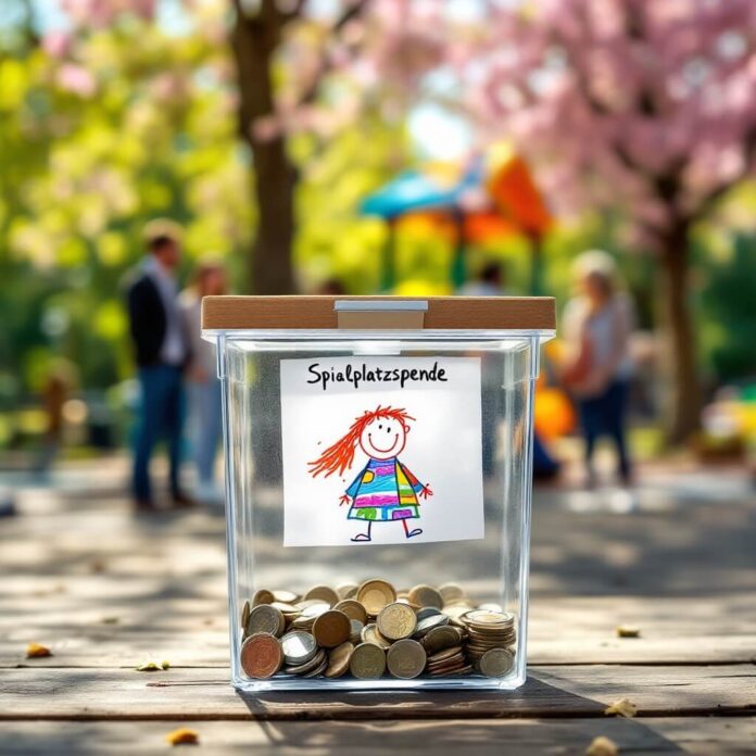 Brucker Blatt - Auf einer hölzernen Tischplatte steht eine durchsichtige Spendenbox, die mit Münzen gefüllt ist. Die Box ist mit einem Zettel versehen, auf dem in schwarzer Schrift 