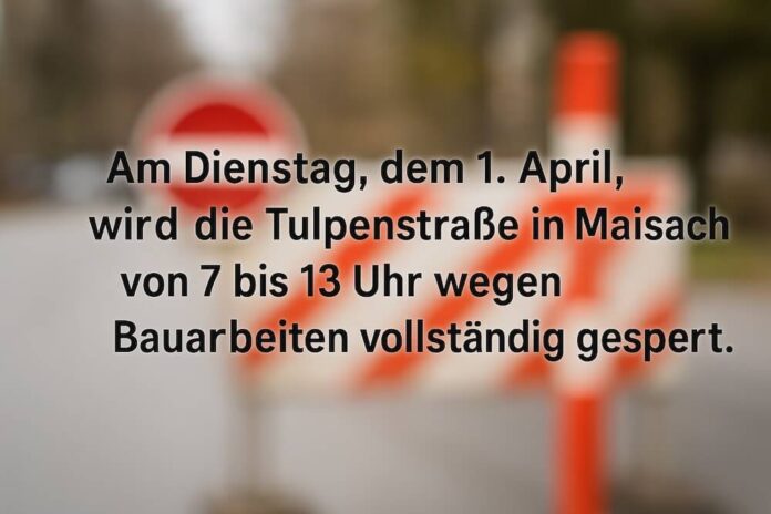 Brucker Blatt - Das Bild zeigt eine Ankündigung, die vor dem Hintergrund einer verschwommenen Straßensperre mit rot-weißen Warnbaken und einem roten Verkehrsschild ohne Text platziert ist. Der Text in der Mitteilung ist in schwarzer Schrift gehalten und lautet: 