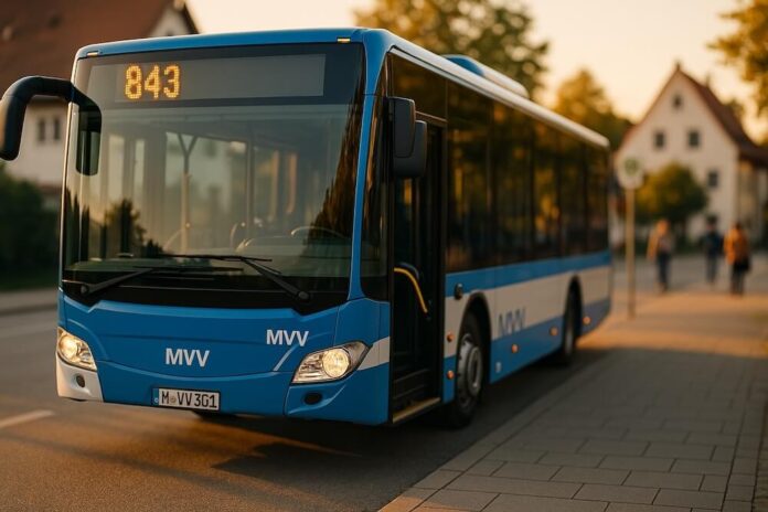 Brucker Blatt - Das Bild zeigt einen modernen, blau-weißen MVV-Bus, der am Straßenrand steht. Die Tür des Busses ist geöffnet, und im Inneren sind einige Sitze erkennbar. Auf der Frontscheibe des Busses ist die Nummer 843 in gelben LED-Zahlen angezeigt. Das Kennzeichen des Busses ist M-VV301. Im Hintergrund sind Wohnhäuser und Bäume zu sehen, was darauf hindeutet, dass sich der Bus in einer städtischen oder vorstädtischen Umgebung befindet. Einige Personen sind im Hintergrund unscharf zu erkennen, was darauf hindeutet, dass sich der Bus an einer Haltestelle oder in der Nähe einer Bushaltestelle befindet. Die Beleuchtung deutet auf Tageslicht hin, möglicherweise am frühen Morgen oder späten Nachmittag.