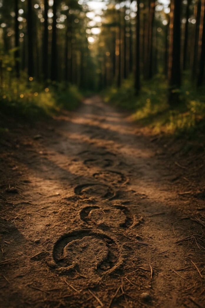 Brucker Blatt - Das Bild zeigt einen sandigen Waldweg, auf dem Abdrücke von Pferdehufe zu sehen sind, die sich in einer geraden Linie durch das Zentrum des Bildes erstrecken. Der Weg ist von hohen Bäumen gesäumt, deren Stämme senkrecht in den Himmel ragen. Das Sonnenlicht scheint durch die Baumkronen und erzeugt einen hellen Fleck am Ende des Weges, der den Blick des Betrachters in die Ferne lenkt. Die Lichtverhältnisse im Vordergrund sind wärmer, was die Textur des sandigen Untergrunds hervorhebt und einen Kontrast zum dunkleren, unscharfen Hintergrund bildet.