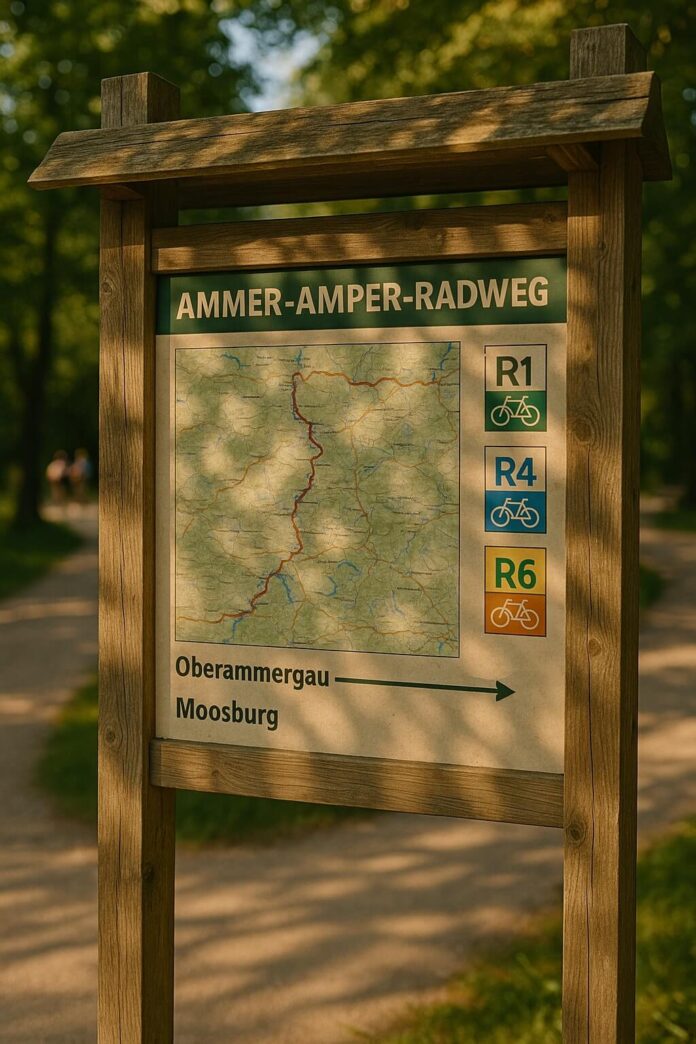 Brucker Blatt - Das Bild zeigt eine Nahaufnahme eines hölzernen Wegweisers in einer grünen Umgebung. Der Wegweiser ist rechteckig und hat einen grünen Streifen oben, auf dem in weißen Buchstaben 