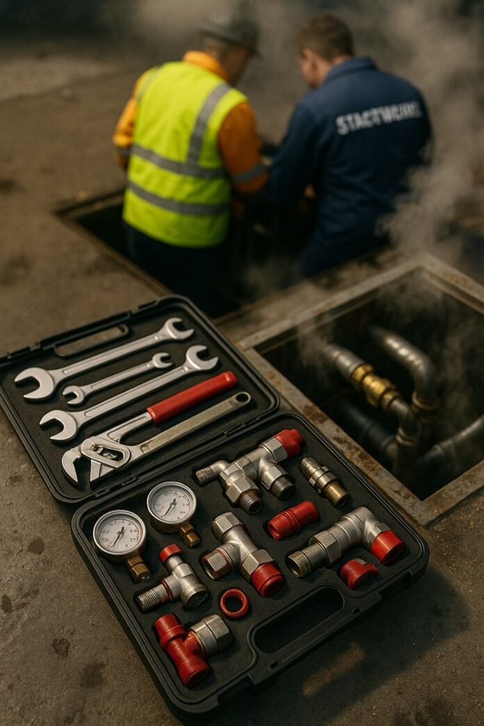 Brucker Blatt - A medium shot depicts a black toolbox in the foreground, filled with assorted tools and fittings. The top half of the toolbox contains several wrenches, while the bottom half is neatly arranged with various metallic fittings, some accented with red caps, and two pressure gauges. In the blurred background, two figures are positioned over an open manhole. The individual on the left is wearing a bright yellow safety vest over an orange long sleeve shirt, while the person on the right is clad in a dark blue long sleeve shirt with the word 