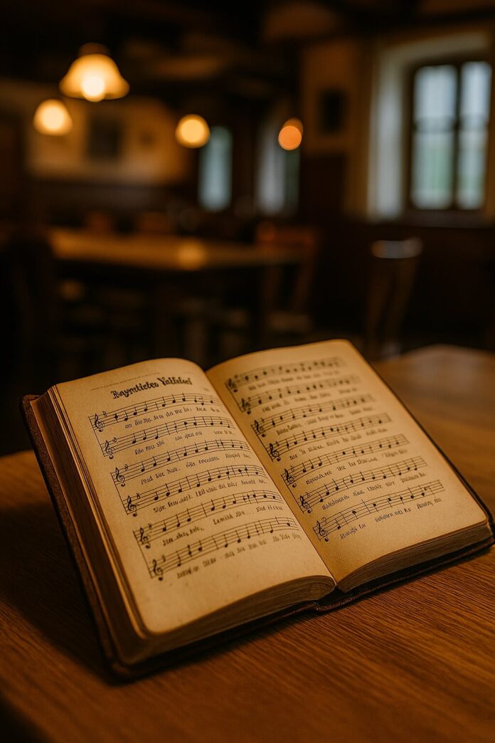 Brucker Blatt - Ein aufgeschlagenes, gebundenes Buch liegt auf einem hölzernen Tisch. Die Seiten des Buches sind gelblich verfärbt und mit Notenlinien, Notenschlüsseln und Text in deutscher Sprache bedruckt. Die Seite links trägt die Überschrift 