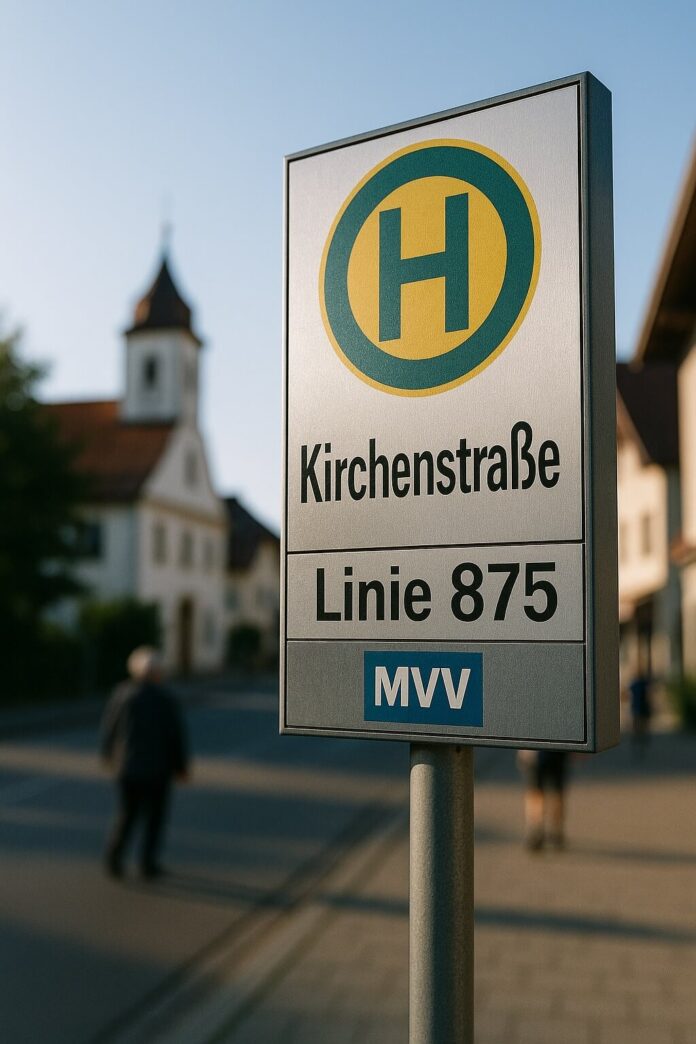 Brucker Blatt - Das Bild zeigt ein Haltestellenschild im Vordergrund, das leicht nach rechts geneigt ist. Das Schild ist rechteckig und grau mit einem grünen und gelben 