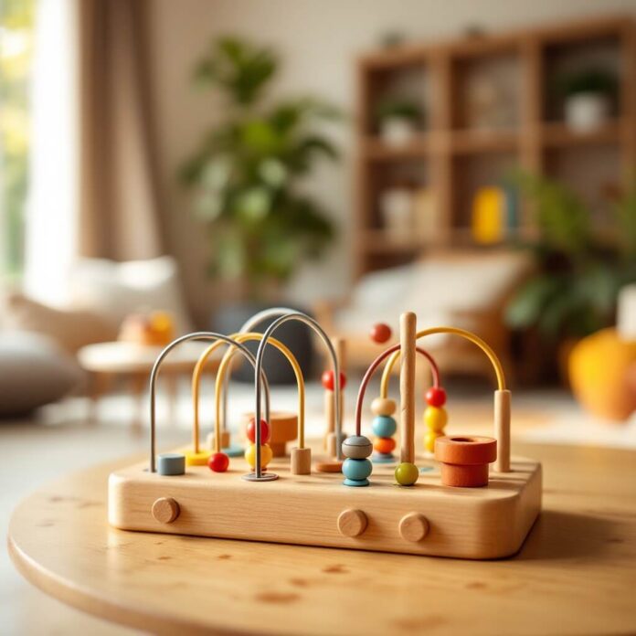 Brucker Blatt - Ein hölzernes Motorikspielzeug steht auf einem runden Tisch im Vordergrund, während der Hintergrund unscharf einen Wohnraum zeigt. Das Spielzeug hat eine rechteckige Basis mit abgerundeten Ecken und vier zylindrischen Knöpfen entlang der unteren Kante. Auf der Oberseite der Basis befinden sich verschiedene Drahtbögen und Holzstäbe, auf denen farbige Holzkugeln und -formen aufgefädelt sind. Die Farben der Kugeln und Formen umfassen Rot, Gelb, Blau und Grün. Der Tisch hat eine hellbraune Holzoberfläche mit sichtbarer Maserung und einigen dunkleren Flecken. Im Hintergrund ist ein Wohnraum mit einem Fenster, das Tageslicht hereinlässt, Pflanzen und einem Bücherregal zu sehen. Die Farbpalette des Bildes ist warm und gedämpft, wobei natürliche Holztöne und weiche Textilien dominieren.