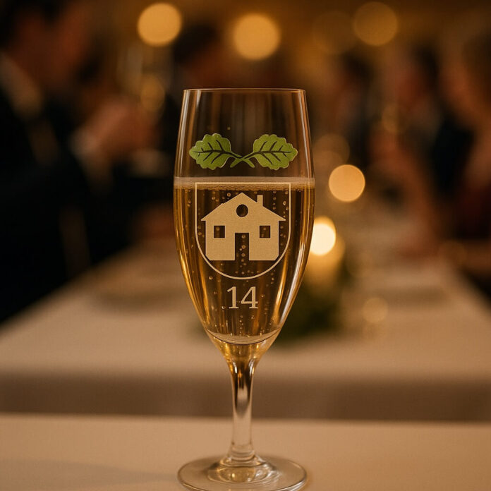 Brucker Blatt - Ein Champagnerglas steht auf einem Tisch. Das Glas ist mit einer Grafik versehen, die ein Haus in einem Wappen darstellt, darüber zwei stilisierte grüne Blätter. Unterhalb des Hauses ist die Zahl 
