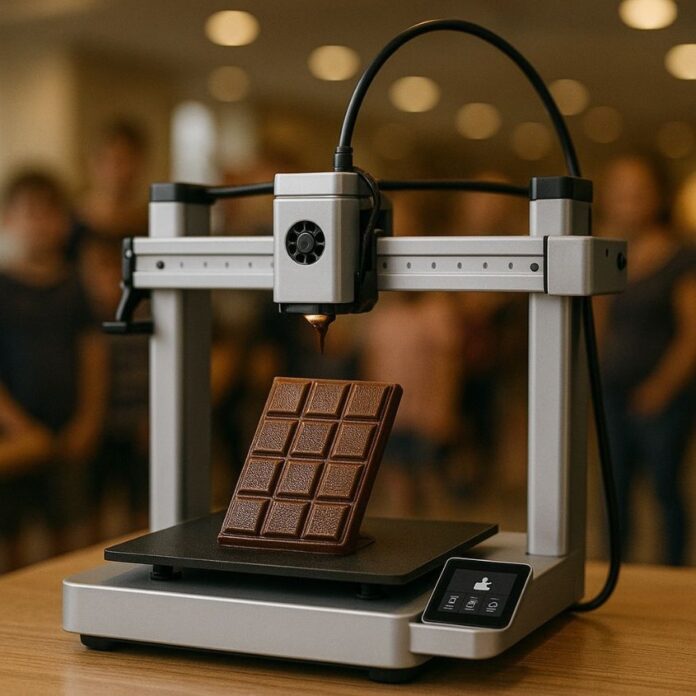 Brucker Blatt - Das Bild zeigt einen 3D-Drucker, der eine Tafel Schokolade herstellt. Der Drucker ist silberfarben und besteht aus einem Rahmen, einem Druckkopf und einer Plattform. Der Druckkopf ist mit einem schwarzen Schlauch verbunden. Die Schokoladentafel steht aufrecht auf der Plattform. Im Hintergrund sind unscharfe Personen zu sehen. Der Fokus des Bildes liegt auf dem Drucker und der Schokolade.