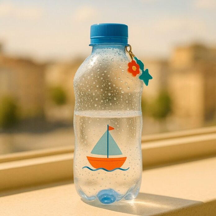 Brucker Blatt - Eine durchsichtige Plastikwasserflasche steht auf einem hellen Untergrund. Die Flasche ist etwa zur Hälfte mit Wasser gefüllt und mit Kondenswasser bedeckt. Sie hat einen blauen Verschluss und daran befestigt ist ein kleiner Anhänger in Form einer roten Blume und eines türkisfarbenen Sterns. Auf der Flasche ist ein orangefarbenes Segelboot mit einem blauen Segel und einer kleinen roten Flagge aufgedruckt. Im Hintergrund ist eine verschwommene Außenansicht mit Gebäuden und Bäumen unter einem hellen Himmel zu sehen.