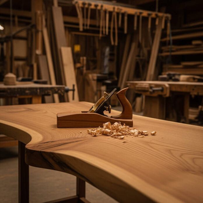Brucker Blatt - Auf einem hellbraunen Holztisch mit abgerundeten Kanten steht ein Hobel aus Holz und Metall. Vor dem Hobel liegen helle Holzspäne. Im Hintergrund ist eine Werkstatt mit diversen Holzbearbeitungswerkzeugen und Holzstücken zu sehen. Die Beleuchtung ist warm und diffus.