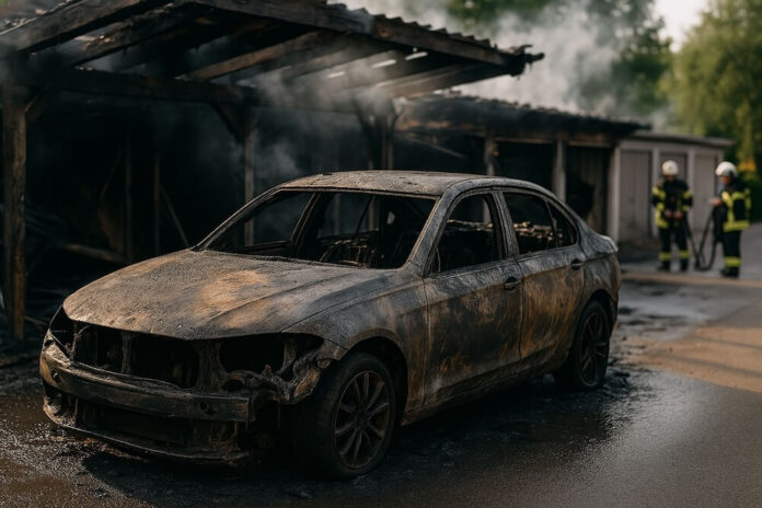 Brucker Blatt - Das Bild zeigt ein stark beschädigtes Auto, das scheinbar einem Brand zum Opfer gefallen ist. Das Fahrzeug steht auf einer asphaltierten Fläche, die teilweise nass ist. Die Karosserie des Autos ist stark verrußt und beschädigt, wobei Teile der Front fehlen und die Fensteröffnungen leer sind. Im Hintergrund ist ein teilweise zerstörtes Gebäude zu sehen, dessen Holzkonstruktion verkohlt ist und aus dem Rauch aufsteigt. Zwei Feuerwehrleute in voller Montur stehen im Hintergrund, einer hält einen Schlauch. Die Umgebung ist teilweise von Vegetation geprägt, was auf einen ländlichen oder vorstädtischen Kontext hindeutet.