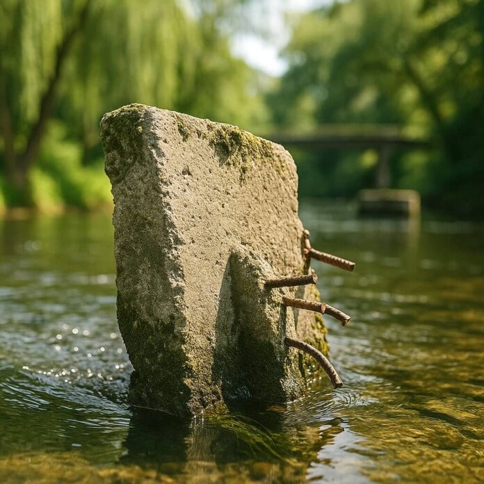 Brucker Blatt - Das Bild zeigt einen Betonblock, der teilweise im Wasser steht. Der Block ist rechteckig und an einigen Stellen mit Moos bewachsen. An einer Seite ragen drei verbogene Metallstäbe aus dem Beton heraus. Das Wasser um den Block ist klar und ruhig, mit leichten Wellen an den Stellen, wo es auf den Block trifft. Im Hintergrund sind Bäume und eine Brücke zu sehen, die durch die Unschärfe des Bildes verschwommen wirken. Die Szene ist in natürlichem Licht gehalten, was dem Bild eine friedliche und ruhige Atmosphäre verleiht.