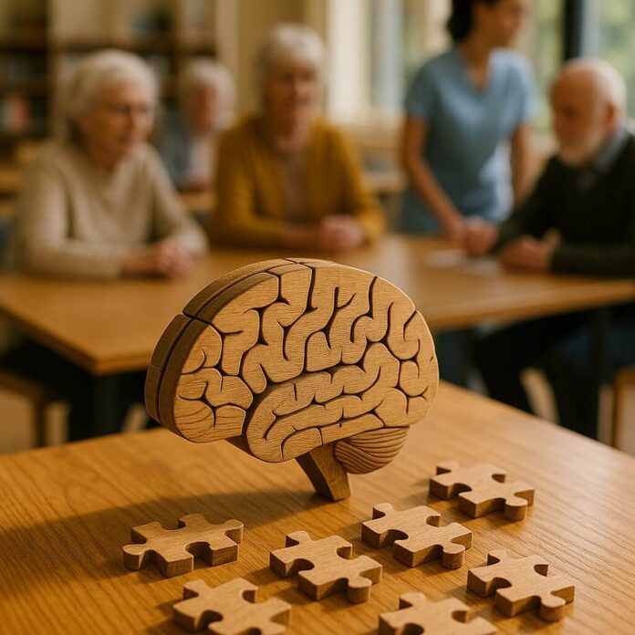 Brucker Blatt - Das Bild zeigt eine Nahaufnahme eines hölzernen Modells eines menschlichen Gehirns, das auf einem hölzernen Tisch platziert ist, umgeben von mehreren Puzzleteilen aus Holz. Im Hintergrund befinden sich ältere Menschen, die an Tischen sitzen, sowie eine medizinische Fachkraft, die vermutlich eine Aktivität überwacht oder mit ihnen interagiert. Der Fokus liegt auf dem Gehirnmodell und den Puzzleteilen, die das Thema Kognition oder Gedächtnis anregen könnten. Die Szene scheint in einer betreuten Wohneinrichtung oder einem Gemeindezentrum stattzufinden.
