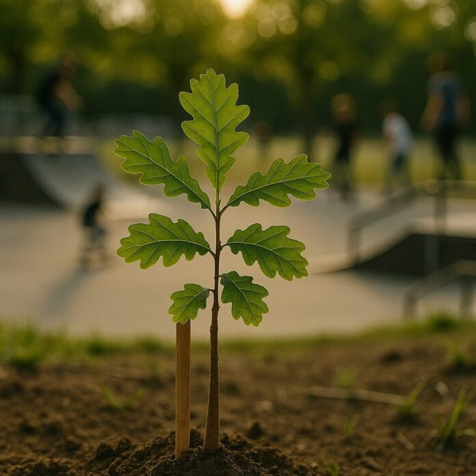 Brucker Blatt - Im Vordergrund ist ein junger Baum zu sehen, der aus dunkler Erde sprießt und durch einen Holzpflock gestützt wird. Der Baum hat mehrere grüne Blätter, die sich deutlich von dem dunklen Boden abheben. Im Hintergrund befindet sich ein Skatepark mit unscharfen Figuren, die sich dort aufhalten. Der Himmel ist hell und deutet auf Tageslicht hin, mit einem goldenen Farbton, der durch die Bäume im Hintergrund scheint. Die Szene ist mit einer leichten Körnung versehen.