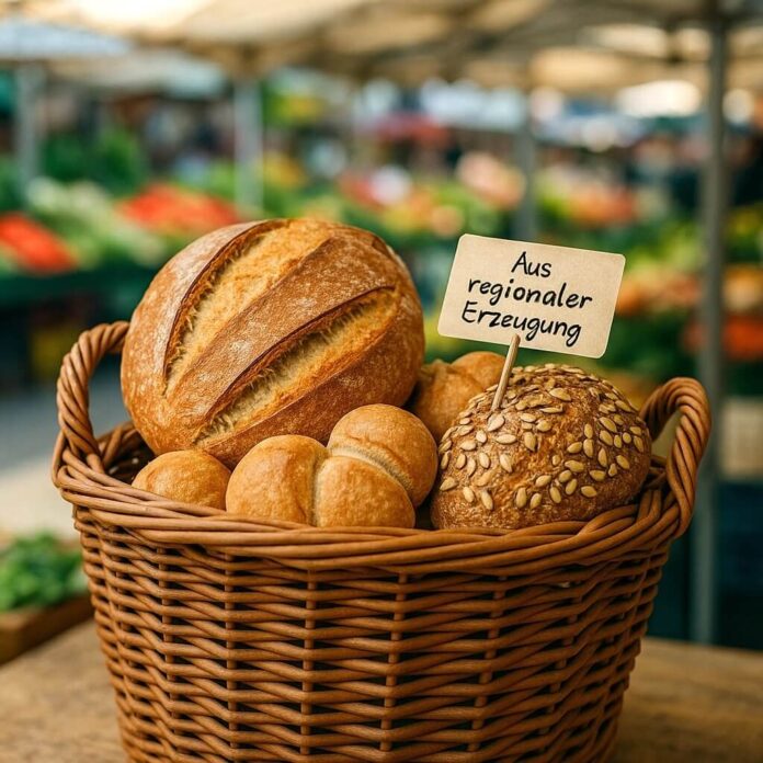 Brucker Blatt - Ein geflochtener Korb ist mit verschiedenen Brotsorten gefüllt. Zu sehen sind ein großes, rundes Brot mit eingeschnittenem Muster, mehrere kleine Brötchen und ein mit Sonnenblumenkernen bestreutes Brötchen. Ein kleines Schild mit der Aufschrift 