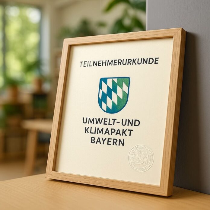 Brucker Blatt - Ein gerahmtes Zertifikat lehnt an einer grauen Wand auf einer hellbraunen Oberfläche. Das Zertifikat trägt den Titel 