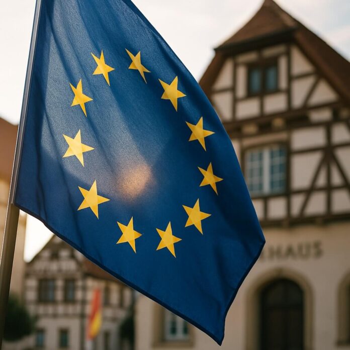 Brucker Blatt - Im Vordergrund ist die Europaflagge zu sehen. Diese ist blau und mit zwölf goldenen Sternen versehen, die einen Kreis bilden. Die Flagge weht leicht, was auf Wind hindeutet. Im Hintergrund ist ein Gebäude zu sehen, das architektonische Merkmale aufweist, die auf Deutschland hinweisen könnten. Das Gebäude scheint ein 