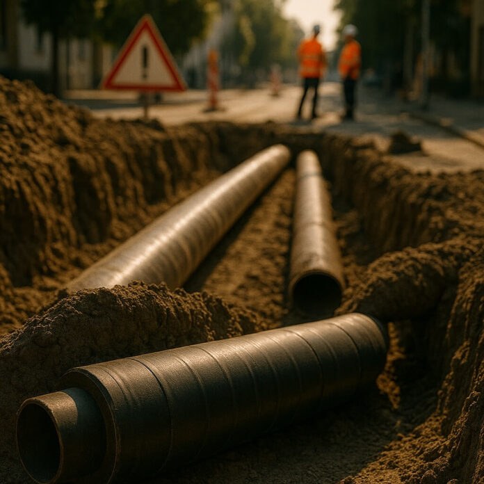 Brucker Blatt - Das Bild zeigt eine Baustellenszene auf einer Straße. Im Vordergrund sind drei lange, zylindrische Rohre zu sehen, die in einem Graben liegen. Der Graben ist mit loser Erde gefüllt. Im Hintergrund befinden sich zwei Bauarbeiter in orangefarbenen Sicherheitswesten, die unscharf dargestellt sind. Ein Warnschild mit einem Ausrufezeichen ist ebenfalls im Hintergrund zu erkennen. Die Szene ist bei Tageslicht aufgenommen und die Farbgebung ist warm und erdig.