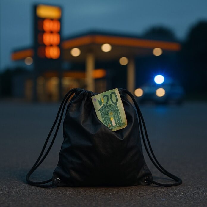 Brucker Blatt - Im Vordergrund ist ein schwarzer Stoffbeutel zu sehen, in dem ein 20-Euro-Schein steckt. Im Hintergrund befindet sich eine Tankstelle mit gelb leuchtenden Preisanzeigen und eine Polizeiauto mit eingeschaltetem Blaulicht. Der Himmel ist in einem dunklen Blauton gehalten, was auf die Abendstunde hindeutet. Der Untergrund, auf dem der Beutel steht, ist asphaltiert.