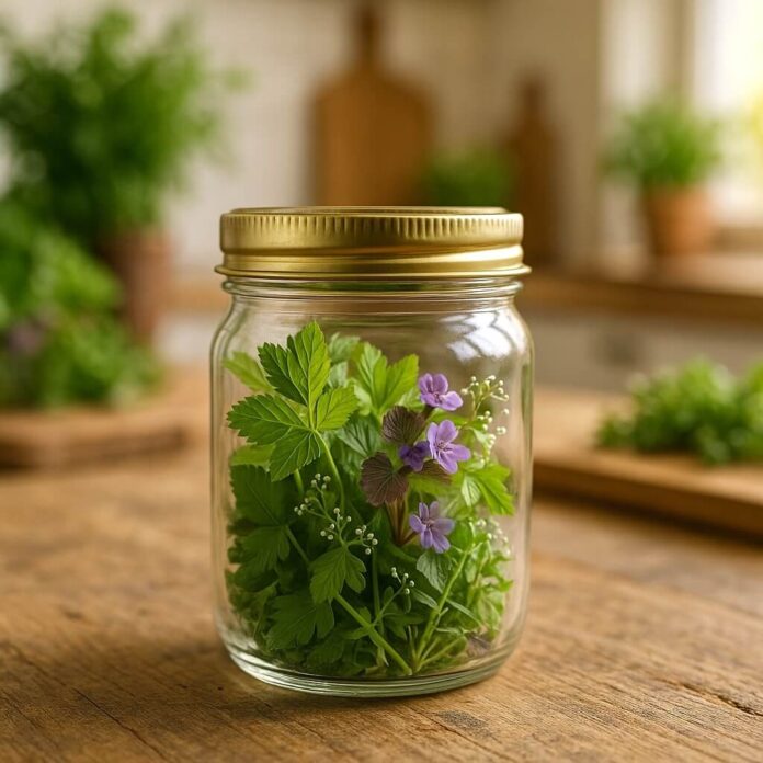 Brucker Blatt - In der Nahaufnahme ist ein Glasgefäß mit goldenem Deckel auf einer hölzernen Oberfläche zu sehen. Das Glas enthält grüne Blätter, zarte weiße Blüten und kleine violette Blumen. Im Hintergrund, der unscharf ist, befinden sich Kräutertöpfe auf einer Ablage und hölzerne Schneidebretter, die der Szene eine natürliche und küchenähnliche Atmosphäre verleihen. Das Licht ist weich und betont die Texturen des Holzes und die feinen Details der Pflanzen im Glas.