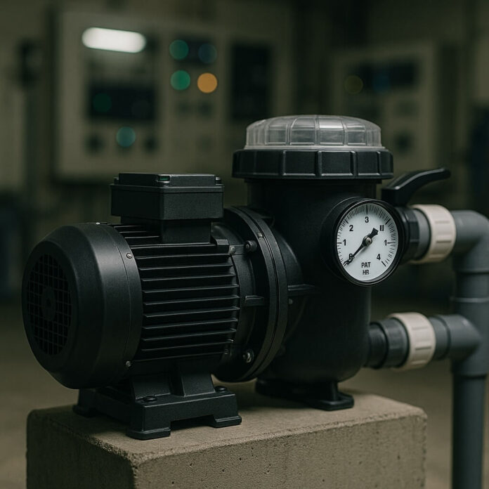 Brucker Blatt - Das Bild zeigt eine schwarze Schwimmbadpumpe, die auf einem grauen Betonblock steht. Die Pumpe besteht aus einem Elektromotor auf der linken Seite und einem Filtergehäuse auf der rechten Seite. Ein Manometer ist am Filtergehäuse angebracht. PVC-Rohre sind mit dem Filtergehäuse verbunden. Im Hintergrund befindet sich eine Wand mit einer Tafel, die mit mehreren Lichtern und Knöpfen versehen ist. Die Szene wird von einer künstlichen Lichtquelle beleuchtet, die ein schwaches Licht auf die Pumpe und den Betonblock wirft.