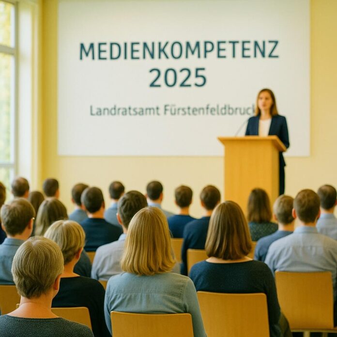 Brucker Blatt - Das Bild zeigt eine Vortragssituation in einem Raum mit gelben Wänden. Im Vordergrund sind die Hinterköpfe eines Publikums zu sehen, das auf gelben Stühlen sitzt. Im Hintergrund steht eine junge Frau an einem Rednerpult. Hinter ihr hängt ein großes Schild mit der Aufschrift 