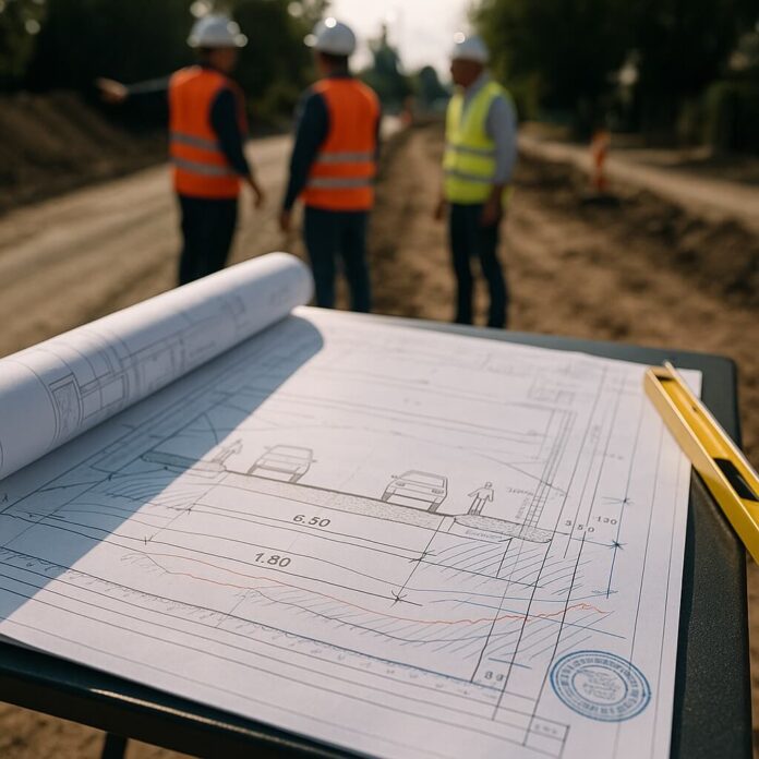 Brucker Blatt - Das Bild zeigt eine Baustellenszene mit einem detaillierten Bauplan im Vordergrund. Der Bauplan ist auf einer dunklen Oberfläche ausgebreitet und zeigt technische Zeichnungen von Straßenabschnitten mit Maßangaben und Skizzen von Fahrzeugen und Fußgängern. Ein gelber Wasserwaagen liegt am Rand des Plans. Im Hintergrund stehen drei Bauarbeiter, die Schutzhelme und Warnwesten tragen, auf einer unbefestigten Straße. Die Straße scheint im Bau zu sein, mit frischer Erde und Bauarbeiten im Gange. Die Arbeiter stehen in einer Linie, wobei einer von ihnen mit dem Arm in eine bestimmte Richtung zeigt. Die Szene wird von Tageslicht erhellt, und es gibt einige Bäume und Büsche im Hintergrund, was darauf hindeutet, dass sich die Baustelle in einer eher ländlichen oder vorstädtischen Gegend befindet.