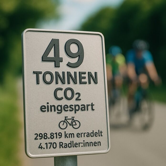 Brucker Blatt - Das Bild zeigt ein silberfarbenes Schild mit schwarzer Schrift im Vordergrund, das Informationen über die Auswirkungen des Radfahrens auf die Umwelt gibt. Auf dem Schild steht 
