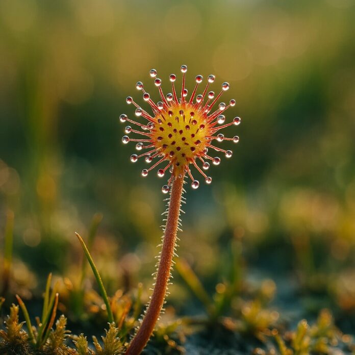 Brucker Blatt - Das Bild zeigt eine Nahaufnahme einer Sonnentau-Pflanze in ihrem natürlichen Lebensraum. Der Stiel der Pflanze ist mit feinen Härchen bedeckt und trägt am oberen Ende ein rundes, gelbes Blatt mit roten Tentakeln. Jeder Tentakel ist mit einem klaren, glänzenden Tropfen Flüssigkeit versehen. Der Hintergrund ist unscharf und zeigt verschiedene Grüntöne, was auf eine moorartige oder feuchte Umgebung hindeutet. Das Licht scheint von oben zu kommen und erzeugt einen sanften Glanz auf den Tropfen und der Pflanze.