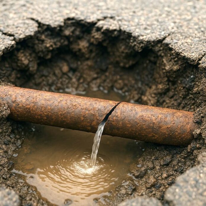 Brucker Blatt - Eine Nahaufnahme zeigt ein Loch in einer Asphaltstraße, in dem ein rostiges Rohr freiliegt. Aus einem Riss im Rohr tritt Wasser aus und sammelt sich in einer kleinen Pfütze am Boden des Lochs. Das Loch ist unregelmäßig geformt und die Ränder des Asphalts sind aufgebrochen und bröckelig. Das Rohr verläuft horizontal durch das Bild und ist von einer dicken Rostschicht bedeckt.