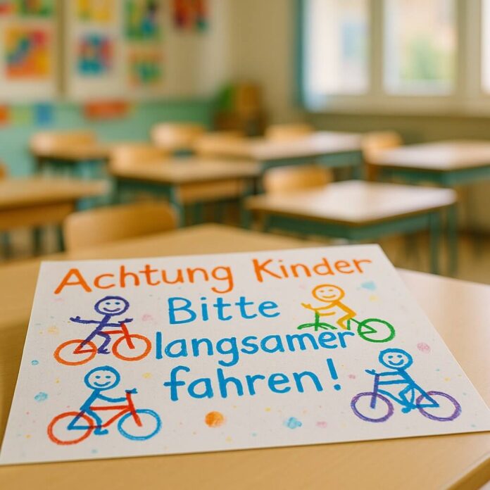 Brucker Blatt - Das Bild zeigt eine Nahaufnahme eines weißen Schildes, das auf einem hellen Holztisch in einem scheinbaren Klassenzimmer liegt. Das Schild weist farbenfrohe, handgezeichnete Schriftzüge und Illustrationen auf. Der Haupttext, in einer kinderähnlichen Schrift, lautet oben in Orange 