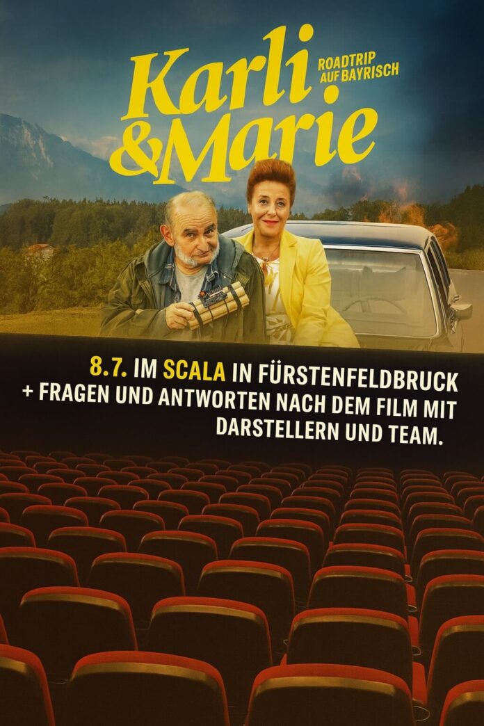 Brucker Blatt - Das Bild ist ein Filmplakat, das in drei Hauptbereiche unterteilt ist. Der obere Bereich zeigt zwei Personen, eine ältere Frau und einen älteren Mann, vor einer ländlichen Kulisse. Die Frau trägt einen gelben Blazer und blickt den Betrachter lächelnd an. Der Mann mit grauem Bart und einer dunklen Jacke hält ein Bündel Dynamitstangen mit einem angebrachten Zünder und blickt mit einem leicht fragenden Ausdruck in die Kamera. Hinter ihnen ist ein dunkles Auto zu sehen, dahinter eine Landschaft mit grünen Bäumen und Bergen unter einem leicht bewölkten Himmel. Über den Personen steht in großen gelben Buchstaben 