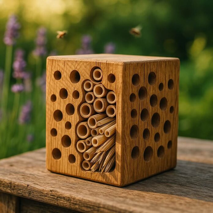 Brucker Blatt - Ein quaderförmiges Insektenhotel aus hellem, gemasertem Holz steht auf einer rustikalen Holzoberfläche. Die sichtbaren Vorder- und Seitenflächen des Holzblocks sind mit zahlreichen runden Bohrlöchern unterschiedlicher Größe versehen. Eine größere, unregelmäßig geformte Aussparung auf der Vorderseite ist dicht mit Bündeln von hohlen Schilfrohren oder Bambusstängeln verschiedener Durchmesser gefüllt. Im unscharfen Hintergrund sind grüne Pflanzen und violette Blüten zu erkennen. Zwei kleine, verschwommene Insekten, die Bienen ähneln, sind im Flug dargestellt. Das Bild ist bei warmem, natürlichem Licht aufgenommen, das Licht und Schatten auf den Holzstrukturen betont.
