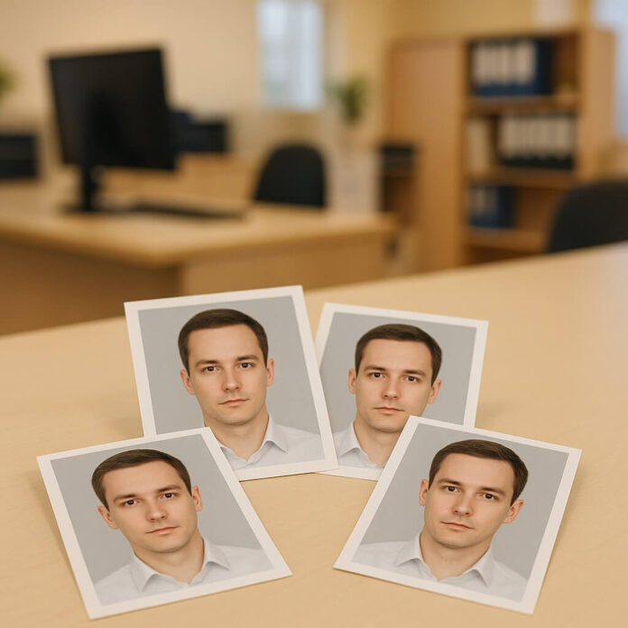 Brucker Blatt - Vier identische Passfotos eines Mannes liegen auf einer hellen, glatten Oberfläche im Vordergrund. Der Mann auf den Fotos hat kurzes, dunkles Haar, helle Haut und blickt mit neutralem Ausdruck direkt in die Kamera. Er trägt ein helles, geknöpftes Hemd, und der Hintergrund der Fotos ist ein einheitliches Hellgrau. Die Fotos sind leicht versetzt angeordnet und nehmen den unteren Bildbereich ein. Im unscharfen Hintergrund ist eine Büroumgebung zu erkennen, inklusive eines dunklen Computermonitors auf einem Schreibtisch links sowie eines holzfarbenen Regals mit Aktenordnern auf der rechten Seite. Die Beleuchtung ist hell und gleichmäßig.