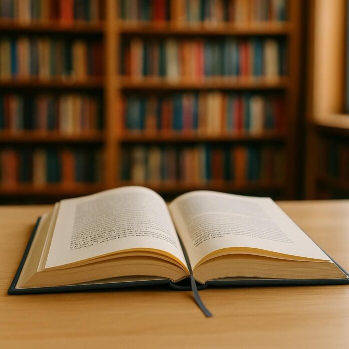 Brucker Blatt - Ein geöffnetes Buch liegt im Vordergrund auf einem hellen Holztisch. Das Buch hat einen dunkelblauen Einband und cremefarbene Seiten, auf denen Text gedruckt ist. Ein dünnes, dunkelblaues Lesezeichenband ragt aus der rechten Hälfte des Buches heraus und liegt auf dem Tisch. Die Seiten des Buches sind leicht gewölbt und zeigen deutlich sichtbare Schrift. Im unscharfen Hintergrund erstreckt sich ein großes, holzfarbenes Bücherregal, das dicht mit zahlreichen Büchern in verschiedenen Farben wie Rot, Blau, Grün, Braun und Gelb gefüllt ist. Das Licht fällt gleichmäßig auf das Buch und den Tisch, wobei ein leichter Hauch eines Fensterrahmens am rechten Bildrand zu erkennen ist. Die Tiefenschärfe ist so eingestellt, dass das Buch scharf ist, während das Bücherregal im Hintergrund weichgezeichnet erscheint.