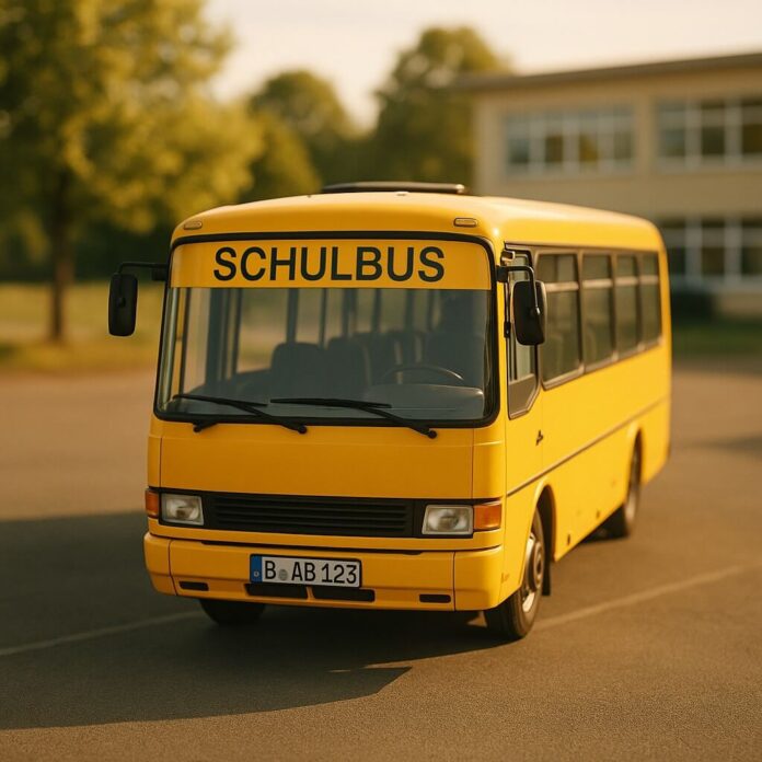 Brucker Blatt - Ein gelber Schulbus steht auf einem Parkplatz. Auf der Windschutzscheibe ist das Wort 
