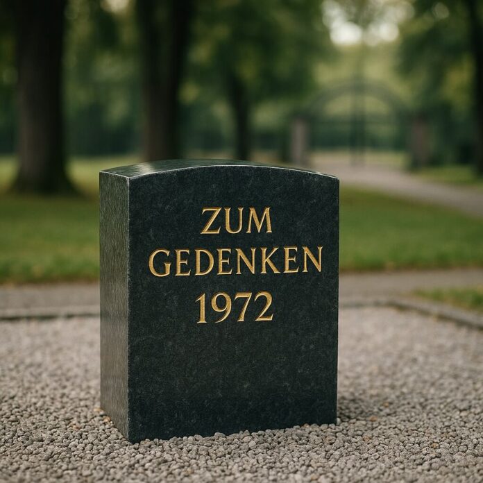 Brucker Blatt - Eine rechteckige Stele mit abgerundeter Oberseite steht auf einem Kiesbett. Die Stele ist dunkelgrau und trägt die goldfarbene Aufschrift 