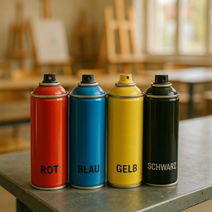 Brucker Blatt - Das Bild zeigt vier Sprühdosen, die in einer Reihe auf einer grauen Oberfläche stehen. Die Dosen sind jeweils in den Farben Rot, Blau, Gelb und Schwarz gehalten. Jede Dose hat einen schwarzen Aufdruck, der die Farbe in der jeweiligen Landessprache angibt: 