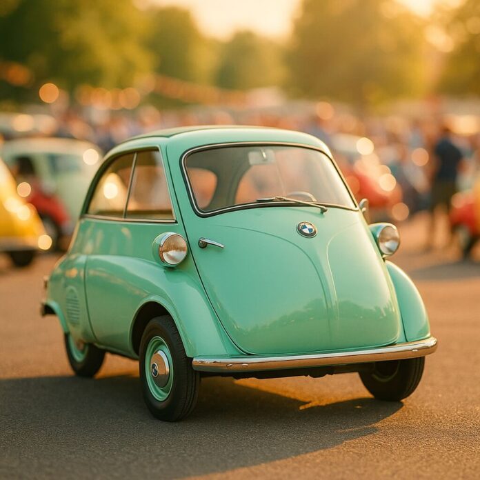 Brucker Blatt - Das Bild zeigt eine klassische BMW Isetta, eine sogenannte „Knutschkugel“, in einem hellen Mintgrün, die auf einem asphaltierten Untergrund steht. Das Fahrzeug ist leicht von vorne rechts und aus einer niedrigen Perspektive aufgenommen, wobei seine charakteristische blasenförmige Karosserie und die nach vorne öffnende Tür gut sichtbar sind. Die Front des Wagens ist mit zwei runden, verchromten Scheinwerfern, einem verchromten Türgriff und einer schmalen Chromstoßstange versehen. Mittig auf der Frontpartie, unterhalb der Windschutzscheibe, ist das BMW-Logo angebracht. Die kleinen Räder des Fahrzeugs sind mit farblich passenden Radkappen ausgestattet. Der Hintergrund ist stark unscharf (Bokeh-Effekt) und zeigt schemenhafte Umrisse weiterer Fahrzeuge, darunter ein gelbes und ein rotes, sowie undeutliche Personen, was auf ein Treffen oder eine Ausstellung hindeutet. Die Szene ist von warmem, weichem Sonnenlicht beleuchtucht, das lange Schatten auf den Boden wirft und eine Abend- oder Morgenstimmung vermittelt.