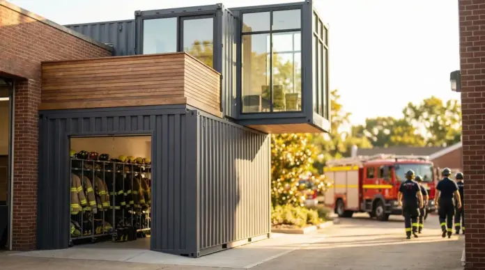 Containeranlage erweitert das Feuerwehrgerätehaus in Olching — Das Feuerwehrgerätehaus an der Ordenslandstraße erhält derzeit im rückwärtigen Tiefhof eine zweigeschossige Containeranlage. Mit dem Neubau sollen unter anderem Umkleiden und getrennte...