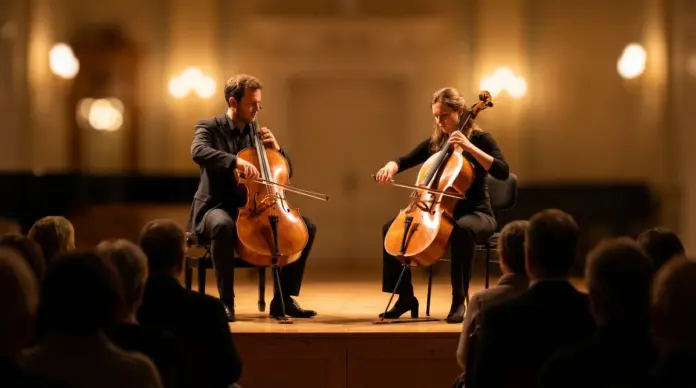 GinzelDuello spielt beim 3. Bürgerhauskonzert in Emmering — Beim 3. Bürgerhauskonzert am 17. Mai 2026 ist das Duo GinzelDuello in Emmering zu Gast. Reiner Ginzel und Hans-Henning Ginzel treten mit zwei Violoncelli im Bürgerhaus auf. | Quelle: Stad...