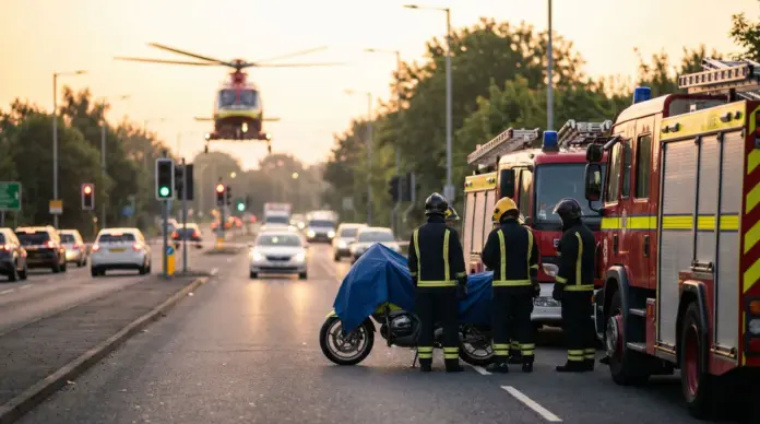 Motorradunfall am Kreisverkehr bei Mammendorf mit Hubschraubereinsatz — Die Feuerwehr Mammendorf ist am 9. April 2026 zu einem Motorradunfall am Kreisverkehr FFB8/FFB2 ausgerückt. Für die Landung eines Rettungshubschraubers wurde die FFB 8 voll ge...