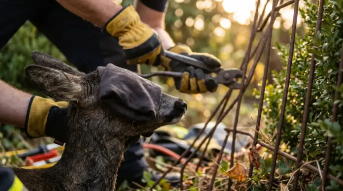 Feuerwehr Fürstenfeldbruck befreit Reh aus Gartenzaun — Die Freiwillige Feuerwehr Fürstenfeldbruck hat am 16. Juni ein Reh aus einem Gartenzaun befreit. Das Tier wurde anschließend in ein nahegelegenes Waldstück gebracht und lief dort augenscheinl...