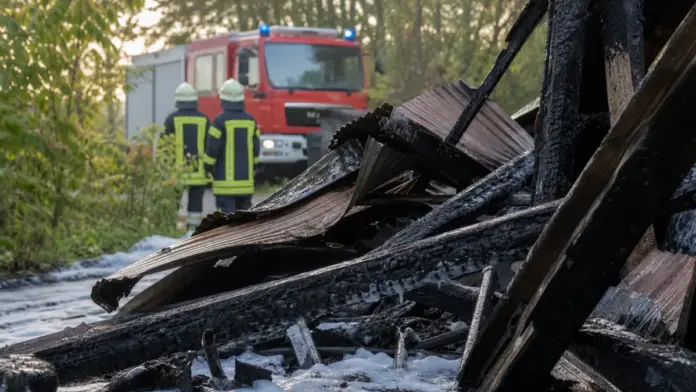 Schuppen in Fuchstal ausgebrannt: Kripo Fürstenfeldbruck ermittelt — In Fuchstal ist am Sonntag ein unbewohnter Lagerschuppen ausgebrannt. Verletzt wurde niemand, die Kriminalpolizei Fürstenfeldbruck prüft die Brandursache. | Quelle: Polizei Präsi...