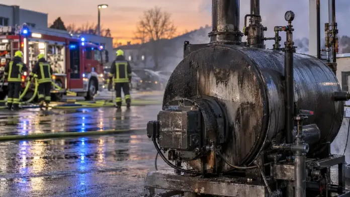 Bitumenkocher auf Parkplatz „Auf der Lände“ in Brand geraten — Die Feuerwehr Fürstenfeldbruck ist am Montagabend zu einem brennenden Bitumenkocher auf dem Parkplatz „Auf der Lände“ alarmiert worden. Einsatzkräfte löschten den Brand unter Atemschut...