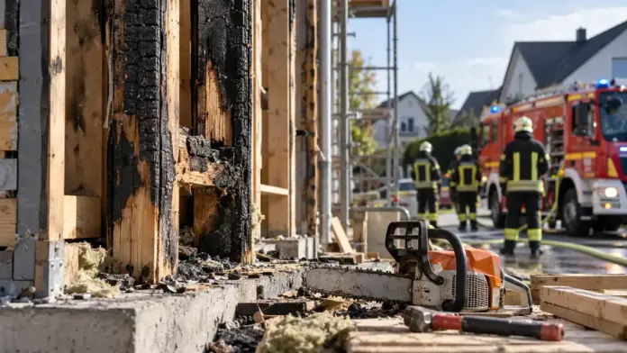 Rohbau in Herrsching gerät bei Bauarbeiten in Brand — Bei einem Brand in einem unbewohnten Rohbau in Herrsching am Ammersee ist am Mittwoch hoher Sachschaden entstanden. Verletzt wurde niemand. | Quelle: Polizei Präsidium Oberbayern Nord